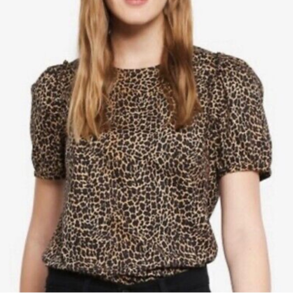 NWT J. Crew Short Puff Sleeve Leopard Print Blouse, Large